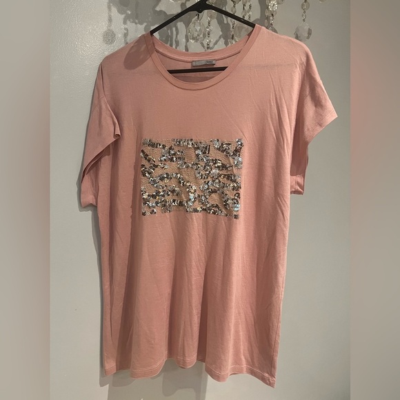 Zara Collection Women’s T-Shirt Short Sleeve Sequined Front Pink Size L - Picture 2 of 5